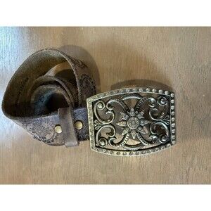 Blue Genie Leather Belt Size 32" Crystal Statement Buckle Vintage Tooled Leather